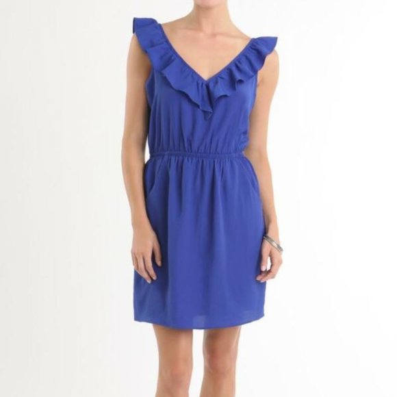 Kirra Blue Ruffle V-Neck Dress with Pockets - Picture 1 of 12